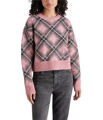 Steve Madden Becka Jacquard Plaid Crew Neck Long Sleeve Sweater