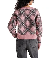 Steve Madden Becka Jacquard Plaid Crew Neck Long Sleeve Sweater