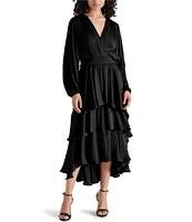 Steve Madden Bei Washed Satin V Neck Long Sleeve Tiered Midi Dress