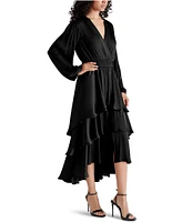 Steve Madden Bei Washed Satin V Neck Long Sleeve Tiered Midi Dress