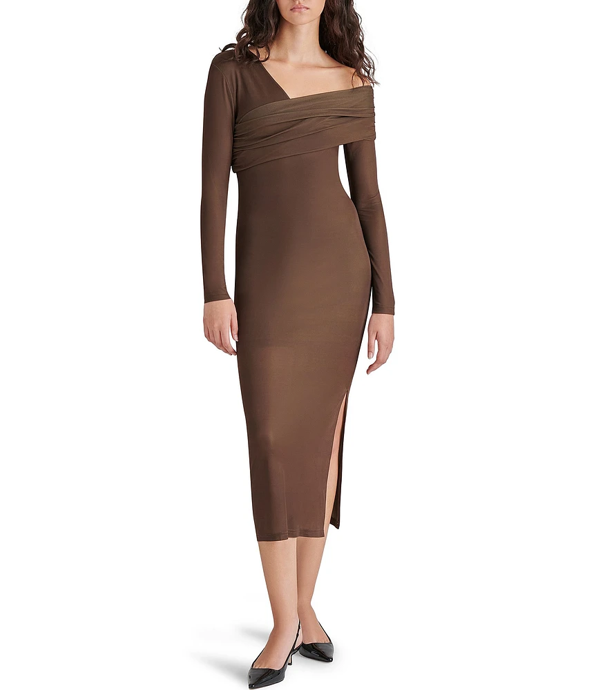 Steve Madden Bevelyn Mesh Asymmetric Neck Long Sleeve Side Slit Midi Dress