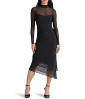 Steve Madden Blare Mesh Mock Neck Long Sleeve Asymmetrical Hem Midi Dress