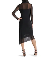 Steve Madden Blare Mesh Mock Neck Long Sleeve Asymmetrical Hem Midi Dress