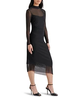 Steve Madden Blare Mesh Mock Neck Long Sleeve Asymmetrical Hem Midi Dress