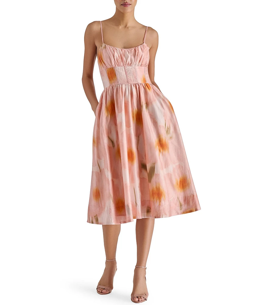 Steve Madden Bondi Woven Floral Print Corset Scoop Neck Sleeveless A-Line Midi Dress