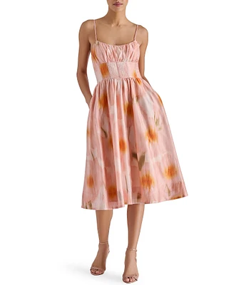 Steve Madden Bondi Woven Floral Print Corset Scoop Neck Sleeveless A-Line Midi Dress