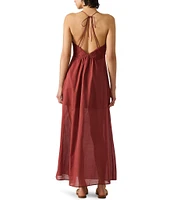 Steve Madden Brianna V-Neck Halter Top Smocked Maxi Dress