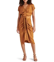 Steve Madden Bruno Satin V-Neck Short Sleeve Wrap Midi Dress