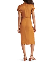 Steve Madden Bruno Satin V-Neck Short Sleeve Wrap Midi Dress