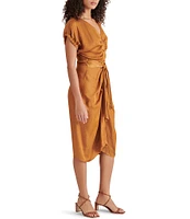 Steve Madden Bruno Satin V-Neck Short Sleeve Wrap Midi Dress