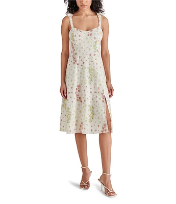 Steve Madden Carlynn Floral Print Eyelet Sweetheart Neck Sleeveless Tie Strap Midi Dress