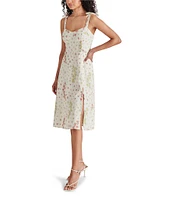 Steve Madden Carlynn Floral Print Eyelet Sweetheart Neck Sleeveless Tie Strap Midi Dress