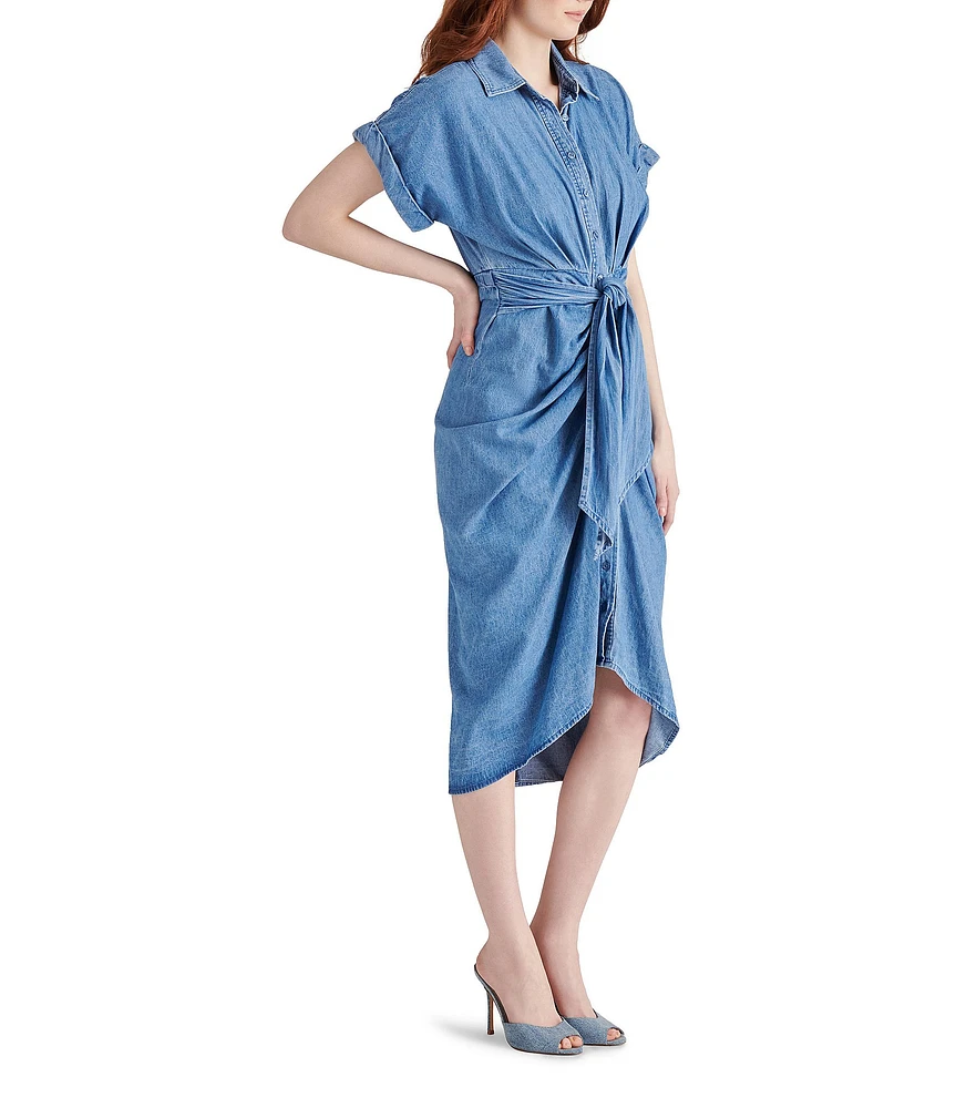 Steve Madden Chambray Point Collar Button Down Tie-Front Short Sleeve Dress