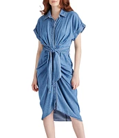Steve Madden Chambray Point Collar Button Down Tie-Front Short Sleeve Dress