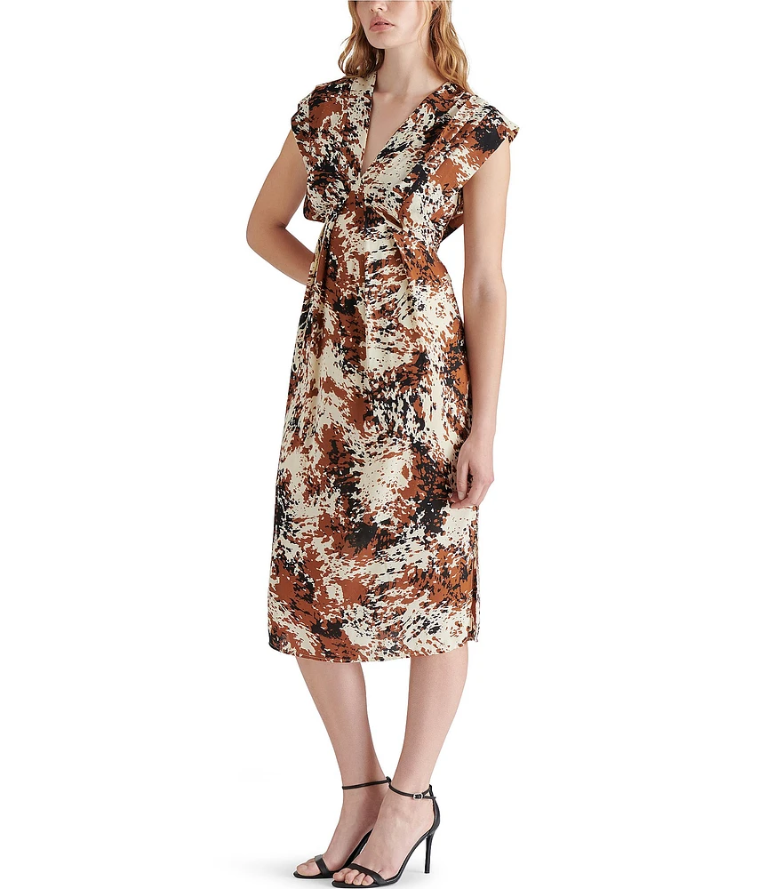 Steve Madden Clarissa Abstract Print V-Neck Short Sleeve Pleated Midi Dress