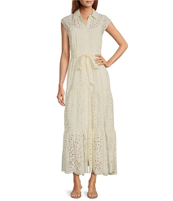 Steve Madden Clover Eyelet Point Collar Neck Sleeveless Waist Tie Button Front Shirt Maxi Dress