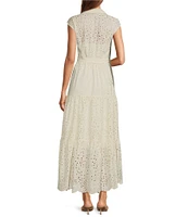 Steve Madden Clover Eyelet Point Collar Neck Sleeveless Waist Tie Button Front Shirt Maxi Dress