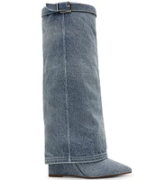 Steve Madden Corenne Denim Foldover Buckle Strap Tall Wedge Boots