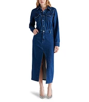 Steve Madden Dakoda Denim Point Collar Neck Long Sleeve Button Front Maxi Dress