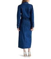 Steve Madden Dakoda Denim Point Collar Neck Long Sleeve Button Front Maxi Dress