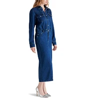 Steve Madden Dakoda Denim Point Collar Neck Long Sleeve Button Front Maxi Dress