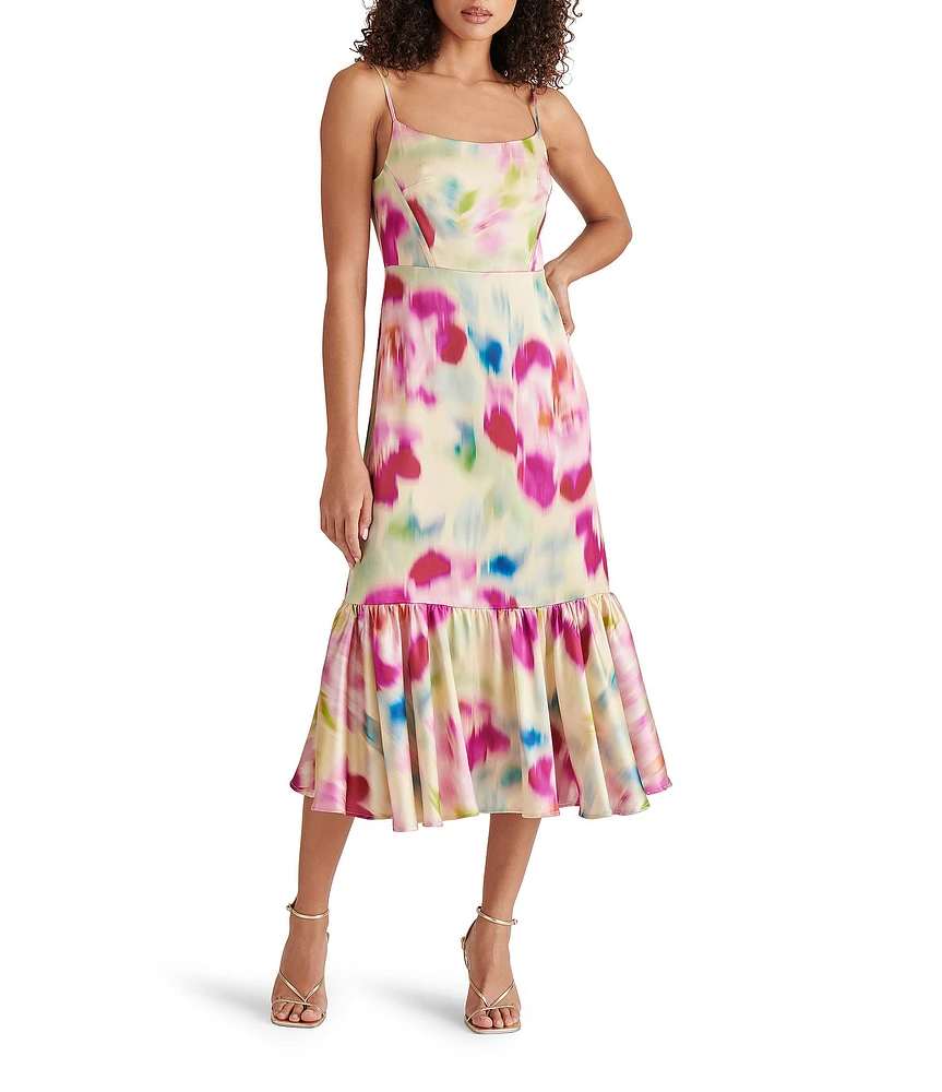 Steve Madden Danni Woven Floral Print Square Neck Sleeveless Fit and Flare Midi Dress