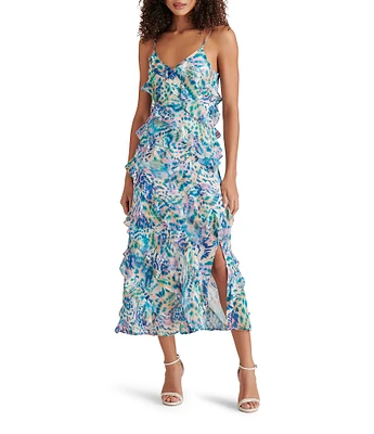 Steve Madden Dion Woven Floral Print V-Neck Sleeveless Asymmetrical Ruffle Slip Midi Dress