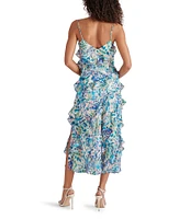 Steve Madden Dion Woven Floral Print V-Neck Sleeveless Asymmetrical Ruffle Slip Midi Dress