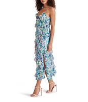 Steve Madden Dion Woven Floral Print V-Neck Sleeveless Asymmetrical Ruffle Slip Midi Dress