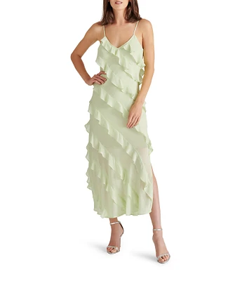 Steve Madden Dion Woven V Neck Sleeveless Asymmetrical Ruffle Slip Midi Dress