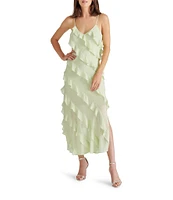 Steve Madden Dion Woven V Neck Sleeveless Asymmetrical Ruffle Slip Midi Dress
