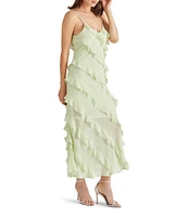 Steve Madden Dion Woven V Neck Sleeveless Asymmetrical Ruffle Slip Midi Dress