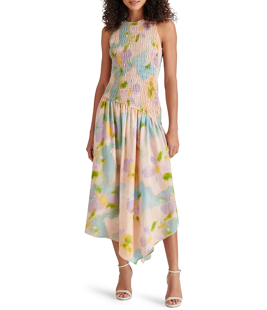 Steve Madden Dresses Mareena Woven Floral Print Crew Neck Sleeveless Smocked Drop Waist Midi Dress