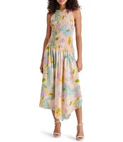 Steve Madden Dresses Mareena Woven Floral Print Crew Neck Sleeveless Smocked Drop Waist Midi Dress