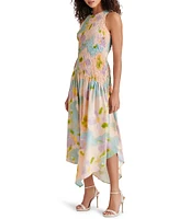 Steve Madden Dresses Mareena Woven Floral Print Crew Neck Sleeveless Smocked Drop Waist Midi Dress