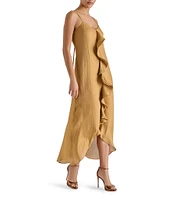 Steve Madden Elana Satin Sweetheart Neck Sleeveless Tulip Ruffle Slip Dress