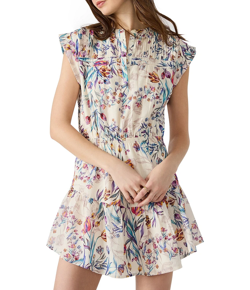 Steve Madden Faith Floral Printed Banded Collar Cap Sleeve Cotton Voile Tiered Mini Dress