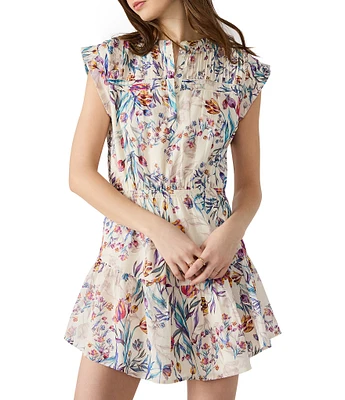 Steve Madden Faith Floral Printed Banded Collar Cap Sleeve Cotton Voile Tiered Mini Dress