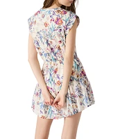 Steve Madden Faith Floral Printed Banded Collar Cap Sleeve Cotton Voile Tiered Mini Dress