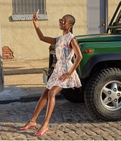 Steve Madden Faith Floral Printed Banded Collar Cap Sleeve Cotton Voile Tiered Mini Dress