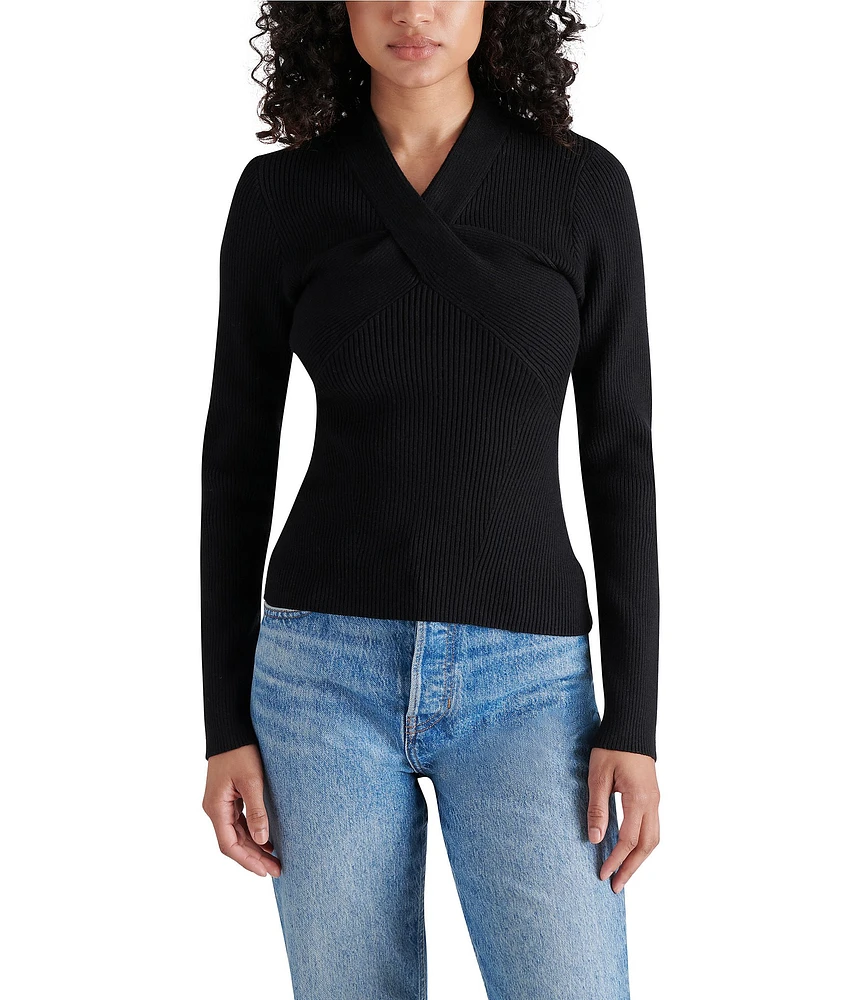 Steve Madden Francesco Rib Knit V-Neck Long Sleeve Front Twist Sweater