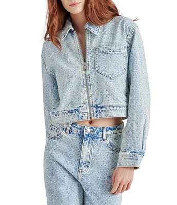 Steve Madden Glacia Denim Notch Collar Neck Long Sleeve Rhinestone Cropped Jacket