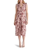 Steve Madden Honey Floral Print V Neck Sleeveless Ruched Midi Dress