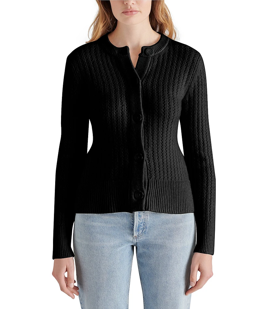 Steve Madden Illiana Knit Pointelle Crew Neck Long Sleeve Button Front Sweater