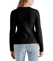 Steve Madden Illiana Knit Pointelle Crew Neck Long Sleeve Button Front Sweater