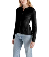 Steve Madden Illiana Knit Pointelle Crew Neck Long Sleeve Button Front Sweater