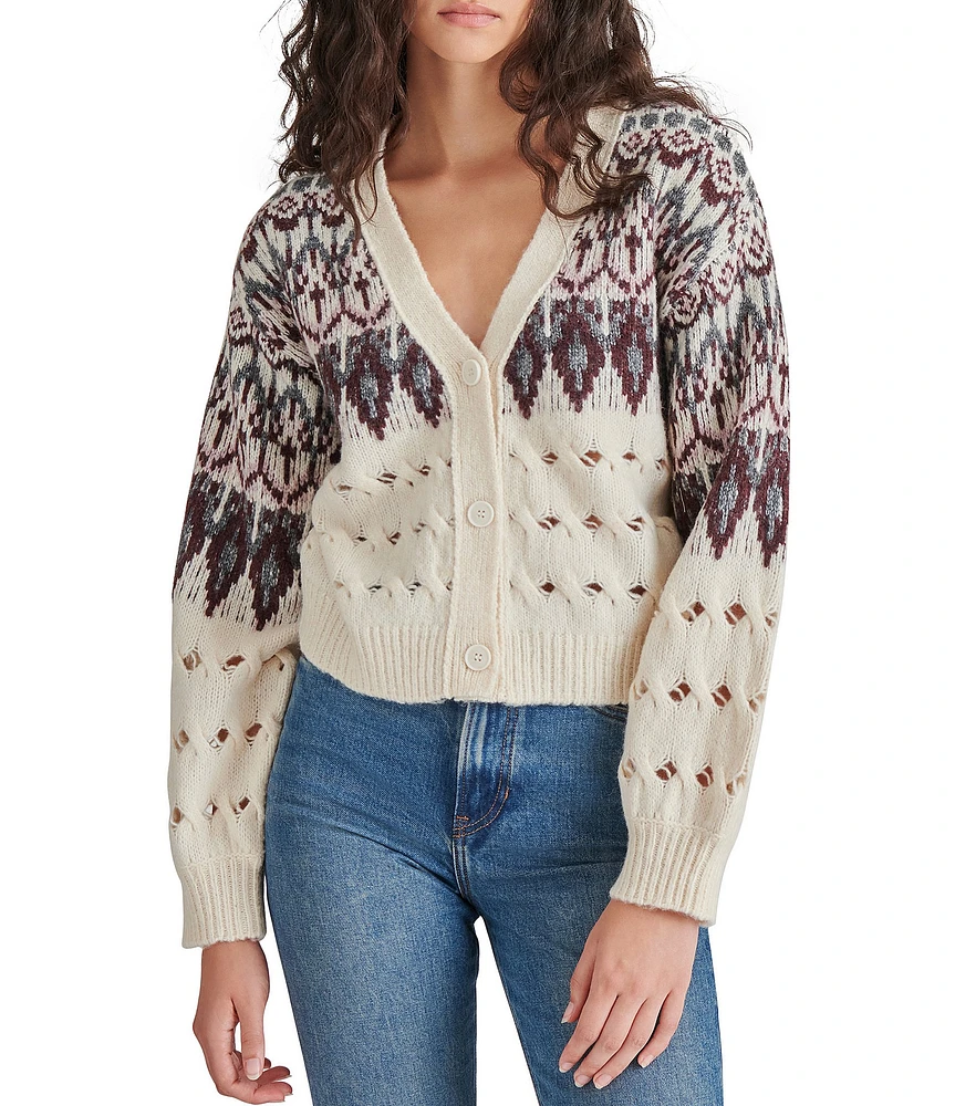 Steve Madden Irisa Cable Knit Fair Isle Print V Neck Long Sleeve Button Front Cardigan