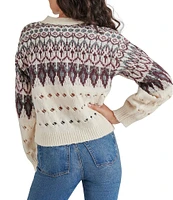 Steve Madden Irisa Cable Knit Fair Isle Print V Neck Long Sleeve Button Front Cardigan