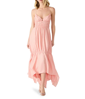 Steve Madden Jackie Rayon Crepe Sweetheart Neck Smocked Hanky Hem Midi Dress