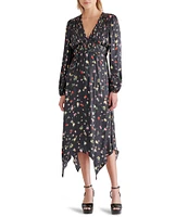 Steve Madden Jamie Satin Floral Print V-Neck Long Sleeve Midi Dress